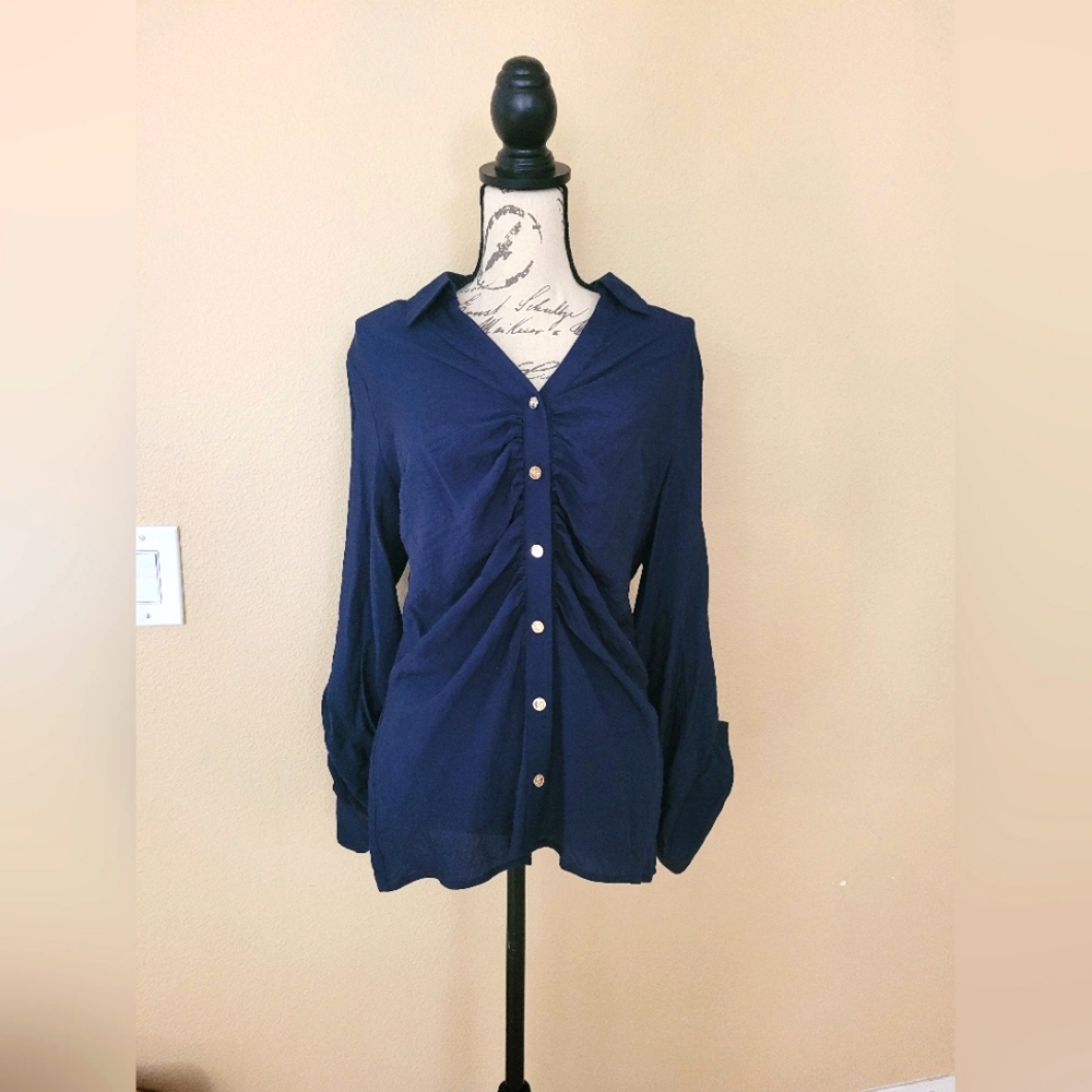 NEW WITH TAGS Michael Kors  Drapey Poplin Ruched Button Front Top MIDNIGHT BLUE